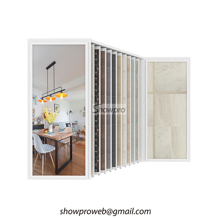 Multi-rail sliding tile display for small showrooms