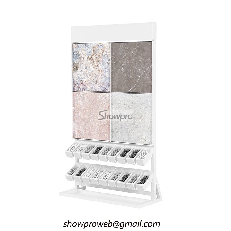 Space-saving tile display rack for design studio