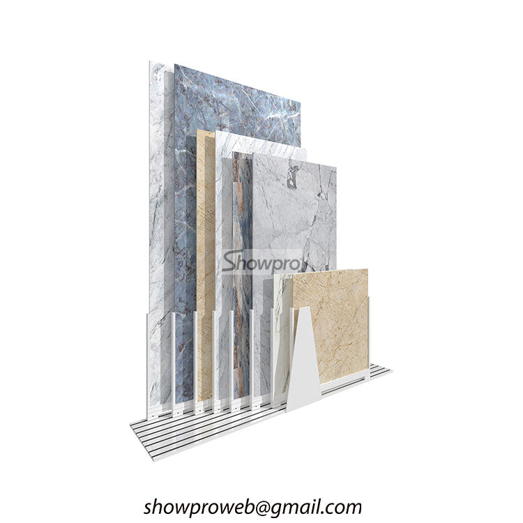 Rust-resistant sliding stone display racks for outdoor tiles