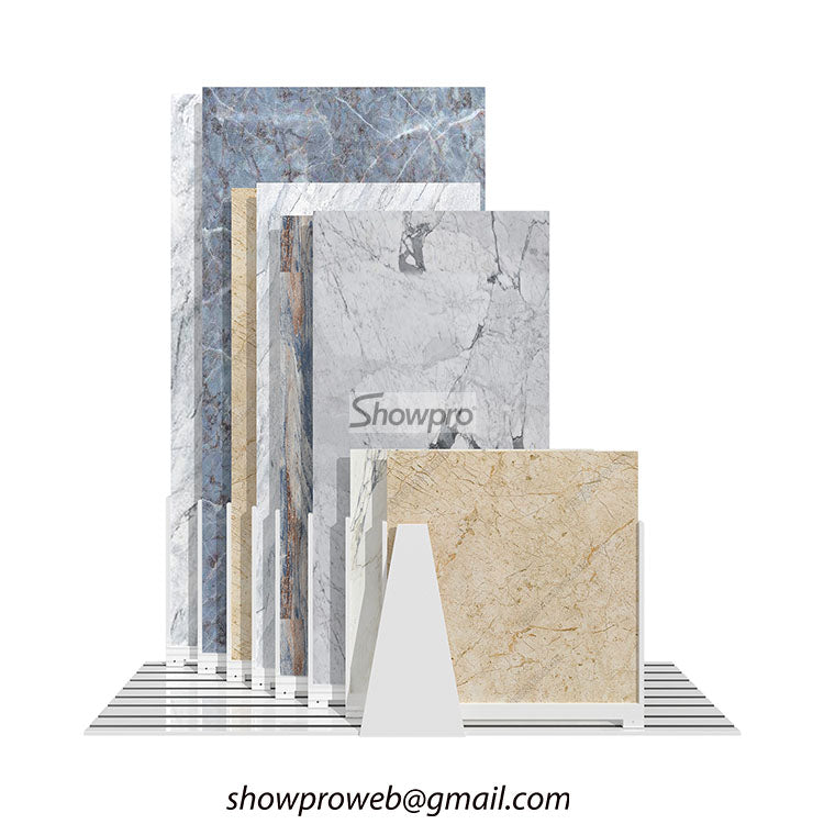 Rust-resistant sliding stone display racks for outdoor tiles