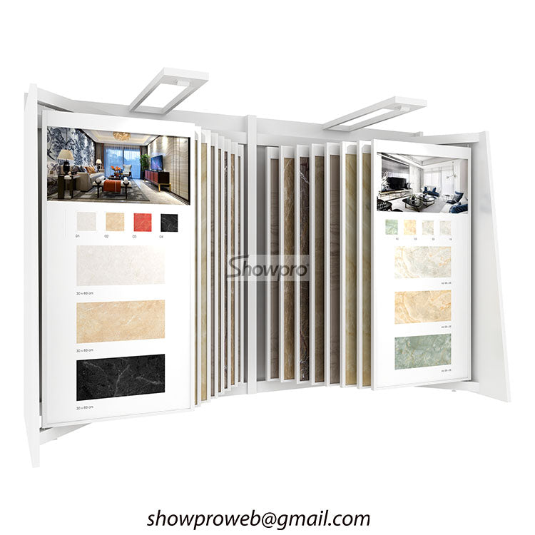 Book-style page turning tile display rack