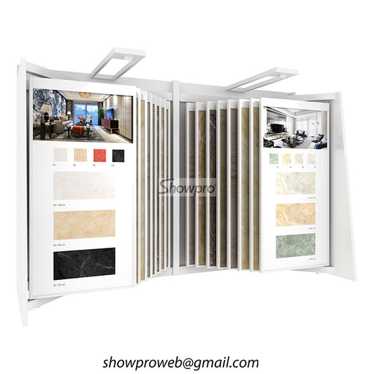 Book-style page turning tile display rack