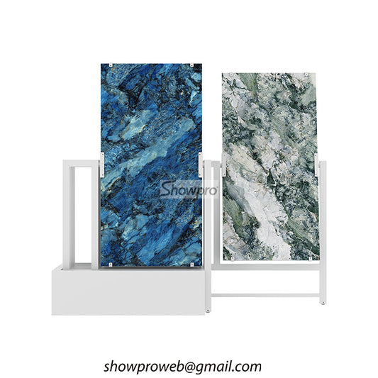 Space-saving push pull tile display racks for small showrooms