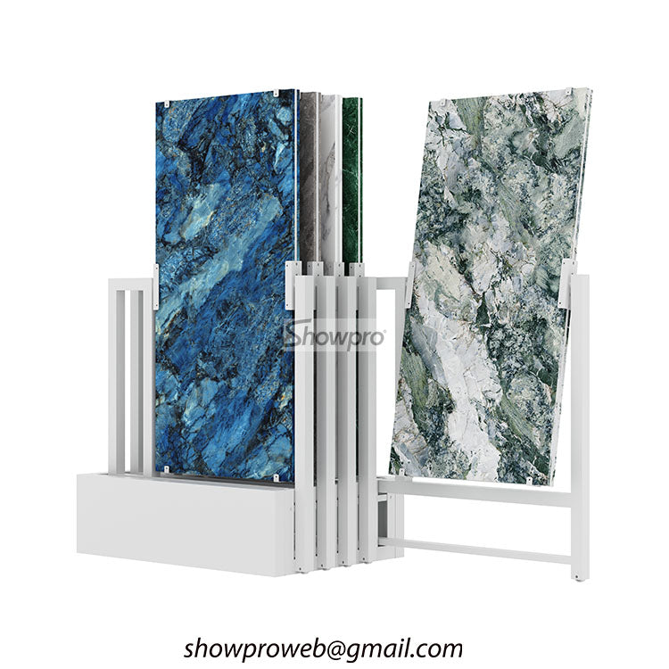Space-saving push pull tile display racks for small showrooms