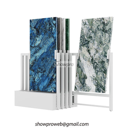 Space-saving push pull tile display racks for small showrooms