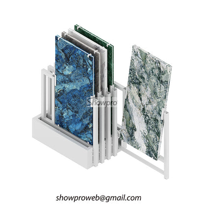 Space-saving push pull tile display racks for small showrooms