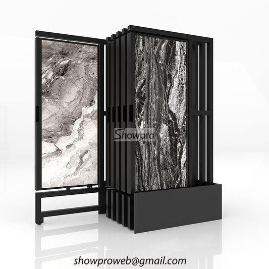 Large format porcelain slab sliding display rack