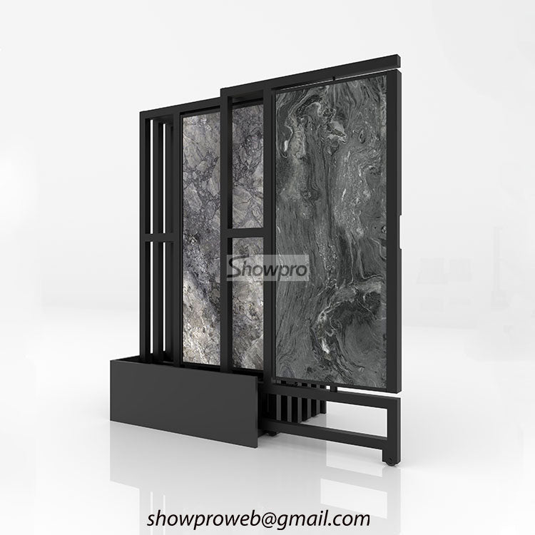 Large format porcelain slab sliding display rack