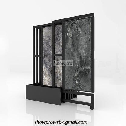 Large format porcelain slab sliding display rack
