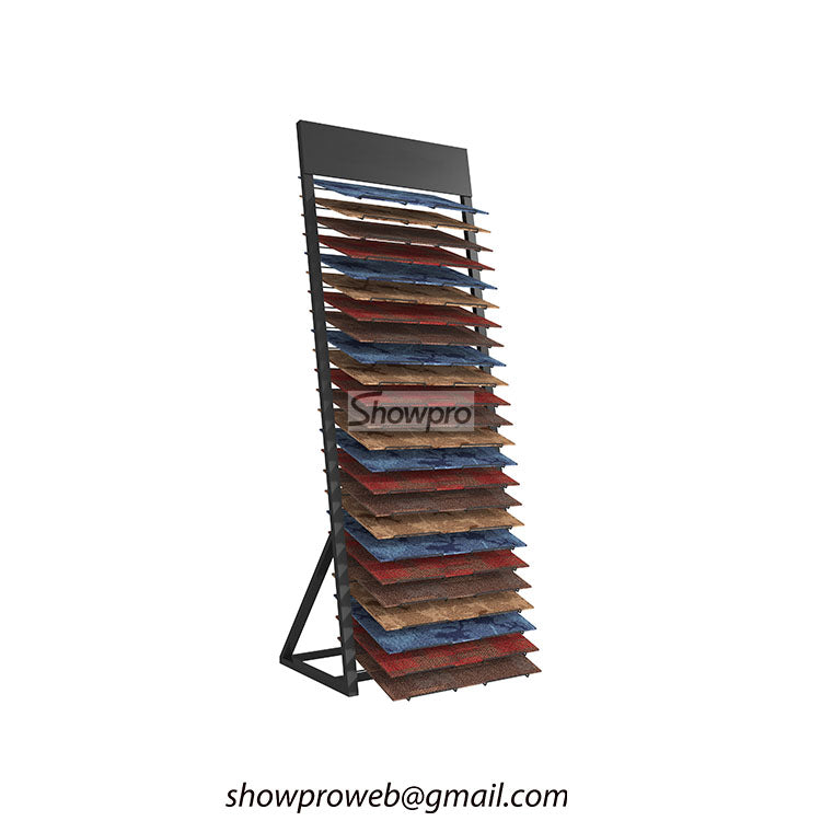 Waterfall style carpet tile display rack