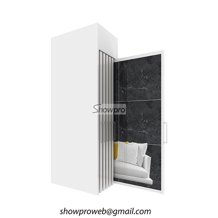 Space-saving pull-out tile display racks for small retail stores