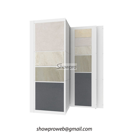 Large format porcelain tile sliding display racks