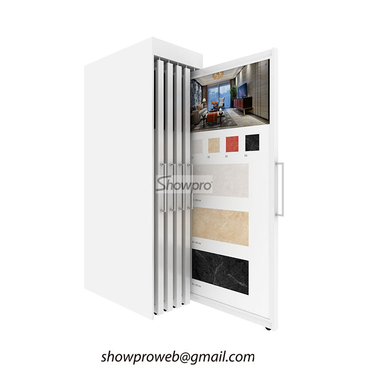 Push-pull sliding tile display rack for showrooms
