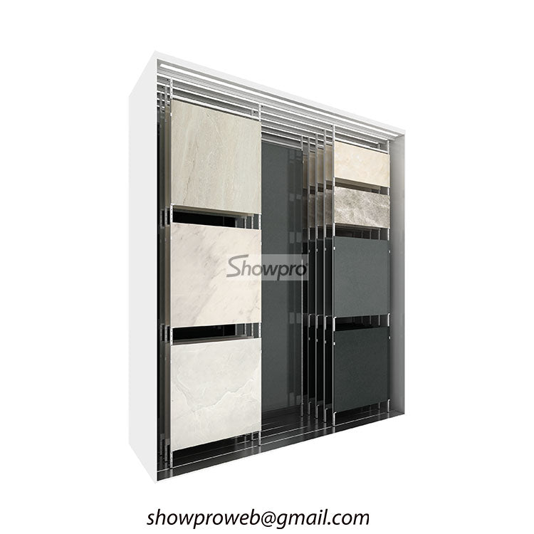 Sliding display rack for large format porcelain slabs