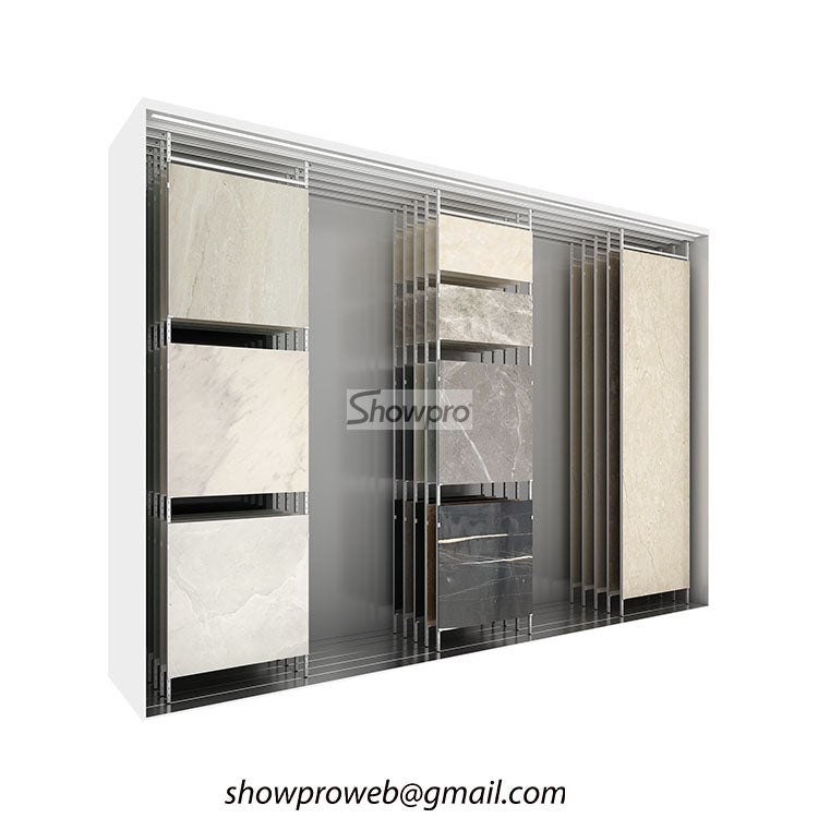 Floor standing sliding panel display for ceramic showroom