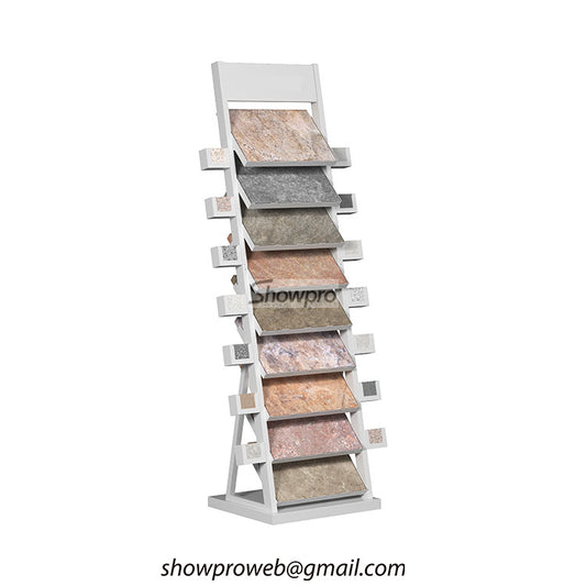 Custom branded tile display racks with logo header