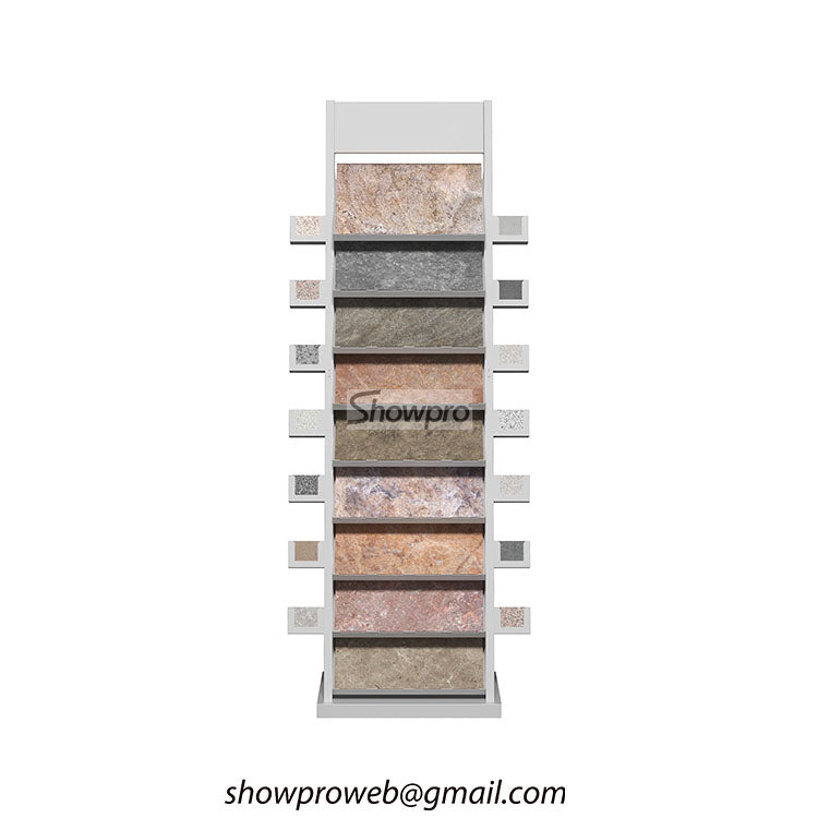 Custom branded tile display racks with logo header