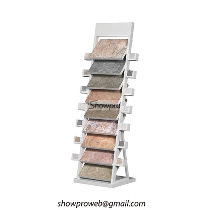 Custom branded tile display racks with logo header