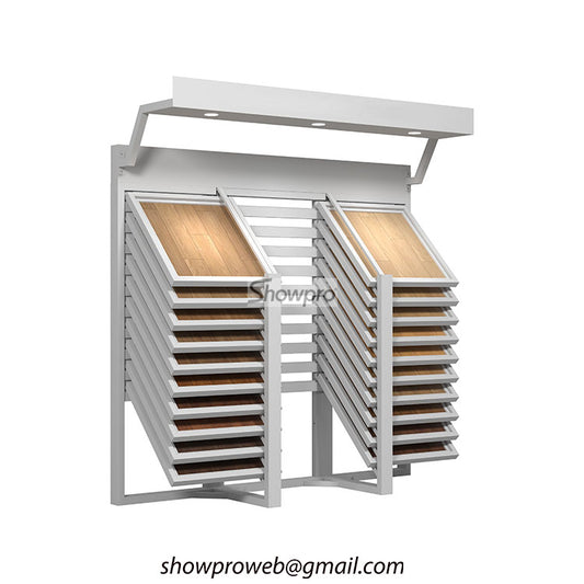 showroom wooden tiles sliding display rack for sale