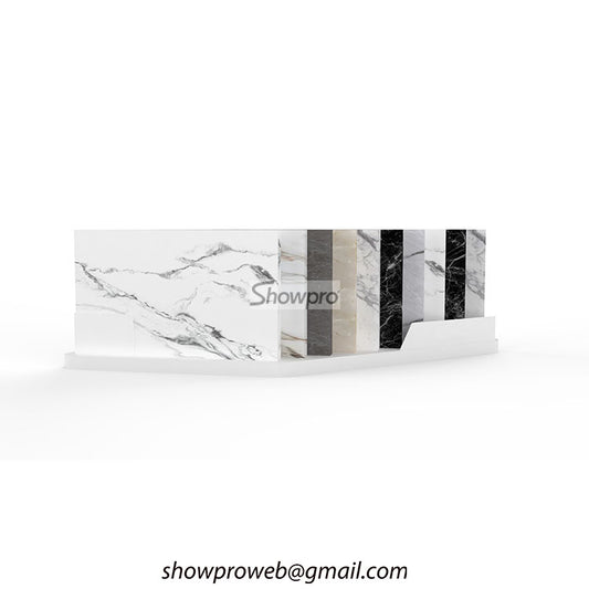 Space-saving floor tile display racks for small shops