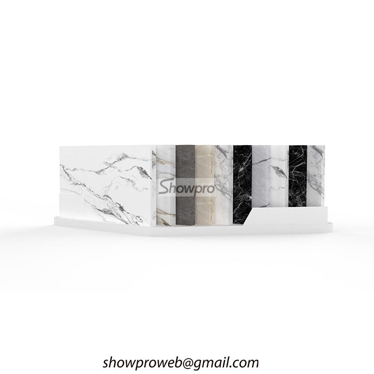 Space-saving floor tile display racks for small shops