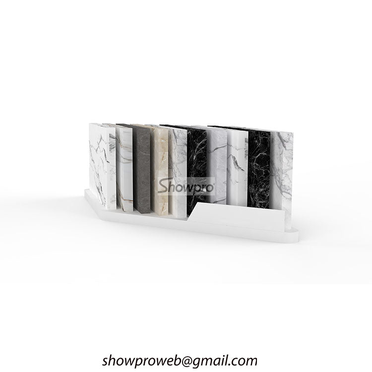 Space-saving floor tile display racks for small shops